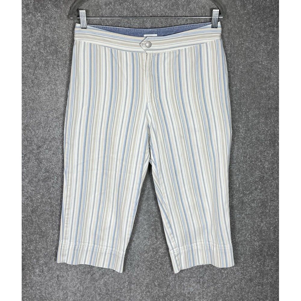 Liz‎ Claiborne Lizwear Audra Crop Jeans Womens Size 12P White Beige Blue Striped